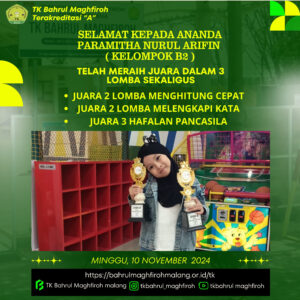 SELAMAT KEPADA ANANDA “PARAMITHA NURUL ARIFIN” KELOMPOK B2 TELAH MERAIH  JUARA DALAM 3 LOMBA SEKALIGUS